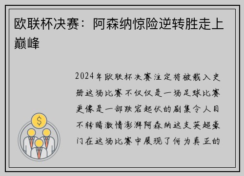 欧联杯决赛：阿森纳惊险逆转胜走上巅峰