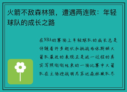 火箭不敌森林狼，遭遇两连败：年轻球队的成长之路