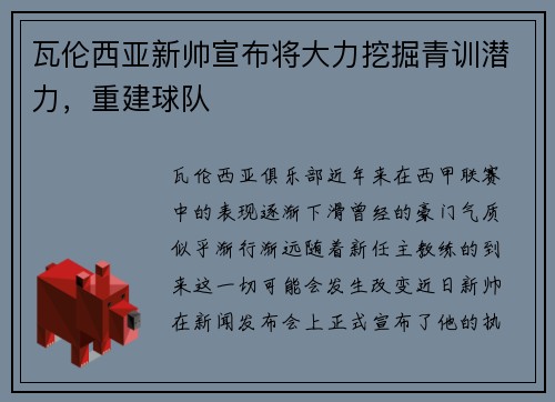 瓦伦西亚新帅宣布将大力挖掘青训潜力，重建球队